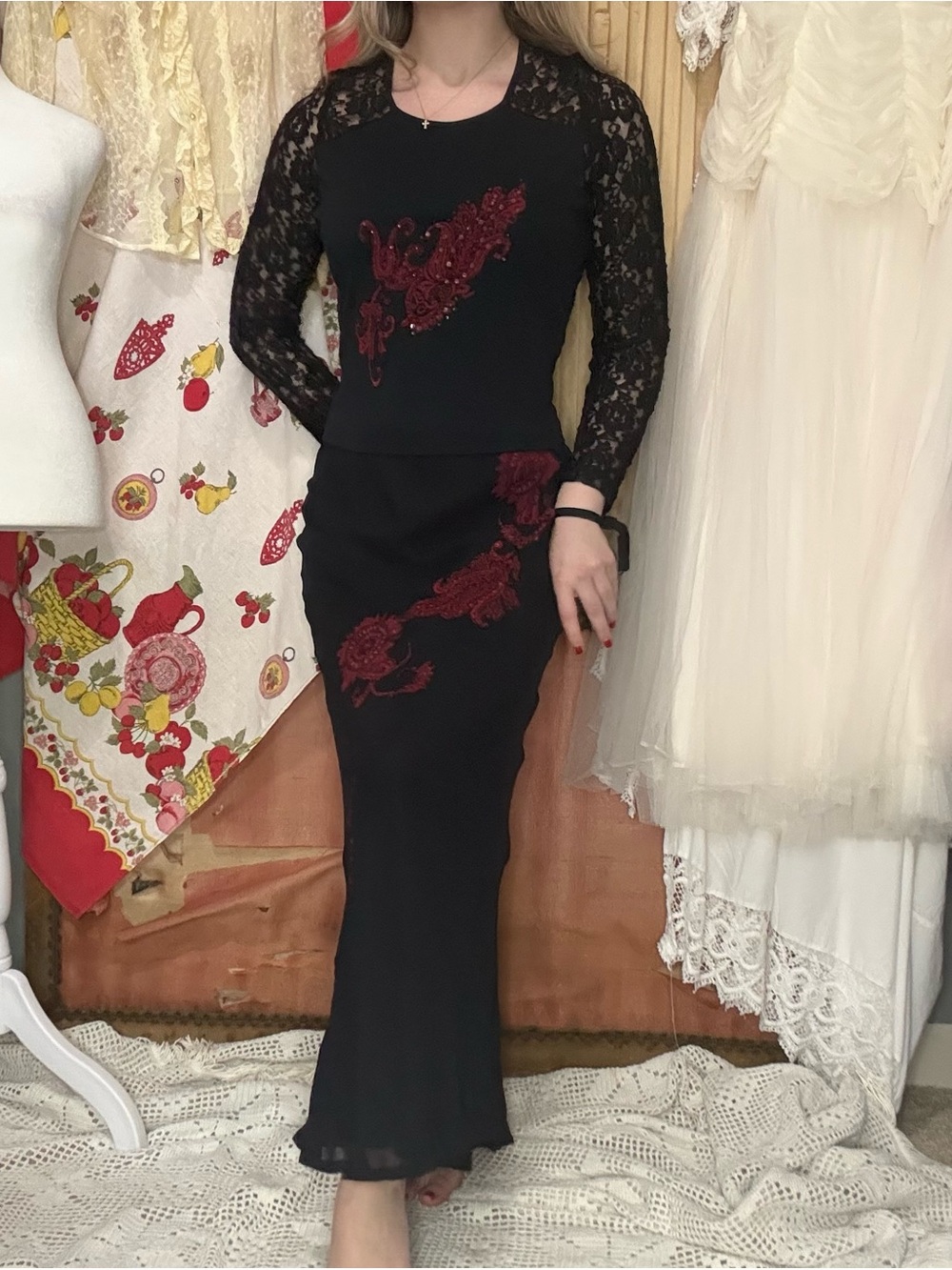 Vintage 90’s Black Long-Sleeve Top and Skirt with Red Lace Appliqué
